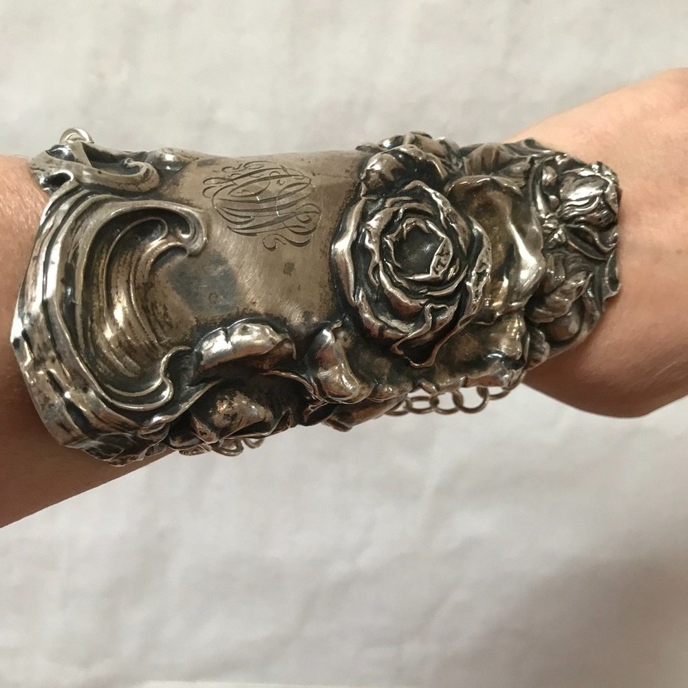 Rose Sterling Silver 925 Bracer Wide Cuff Bracelet Victorian Gladiator Floral - Picture 9 of 11